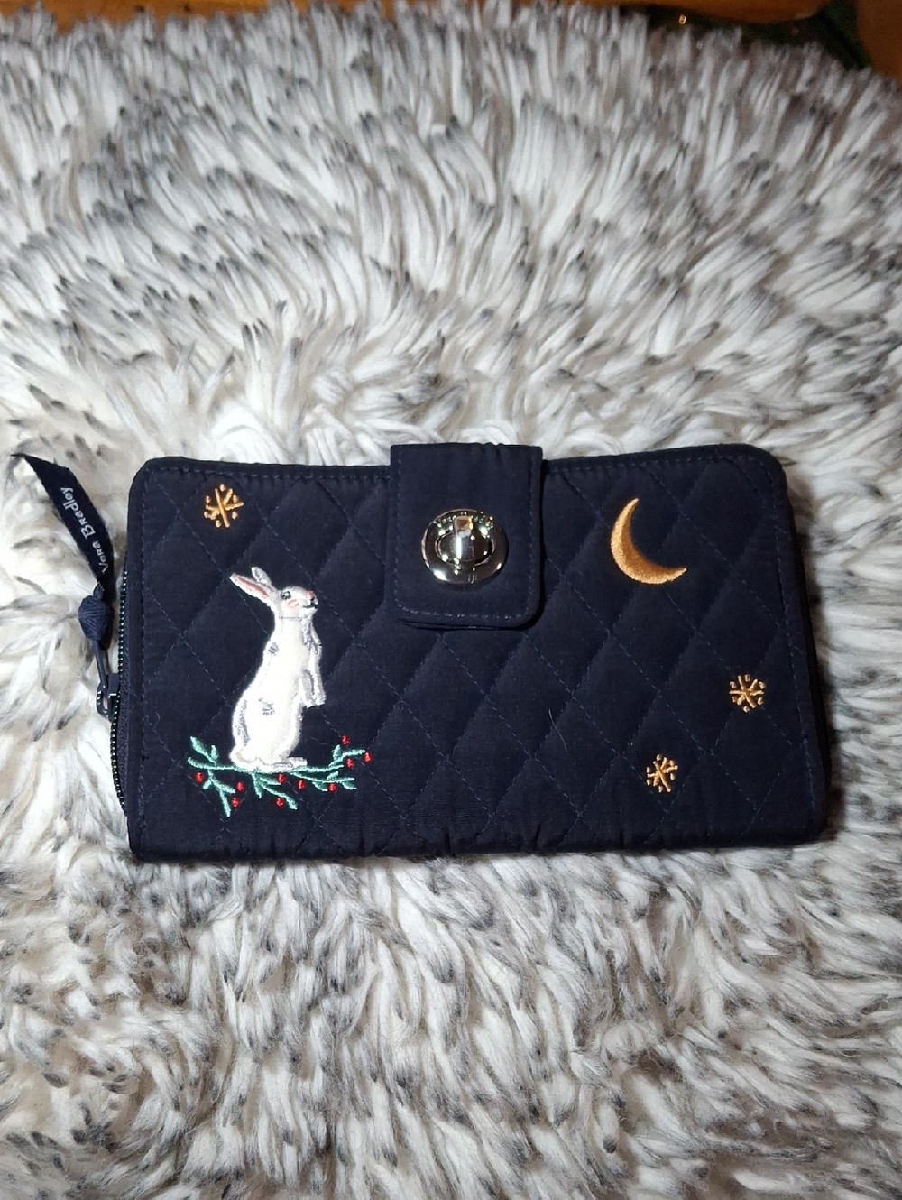 Vera Bradley Navy Quilted Wallet with Embroidered Rabbit & Moon